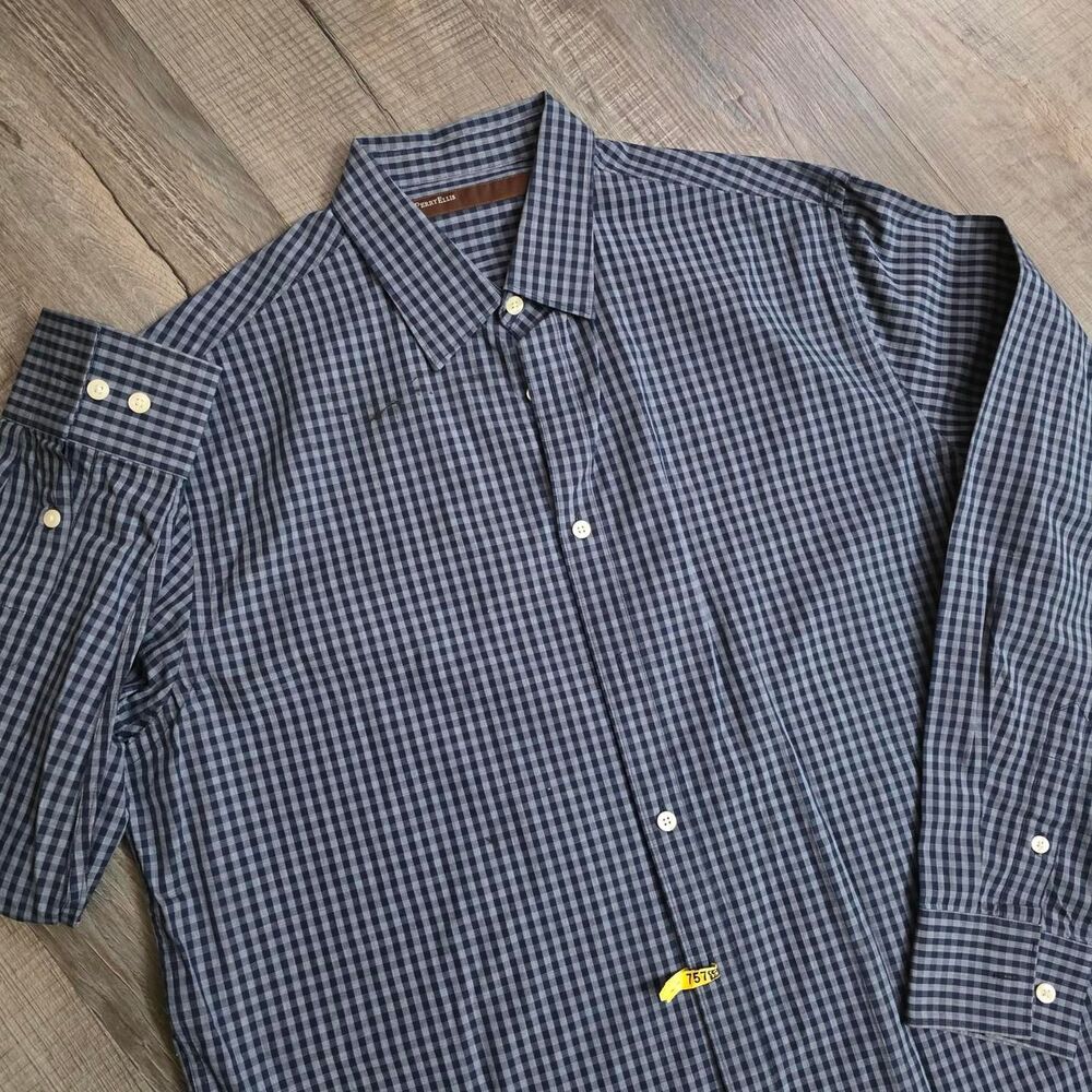 Perry Ellis Men Large Blue Plaid Button Down Shirt 100% Cotton Long Sleeve